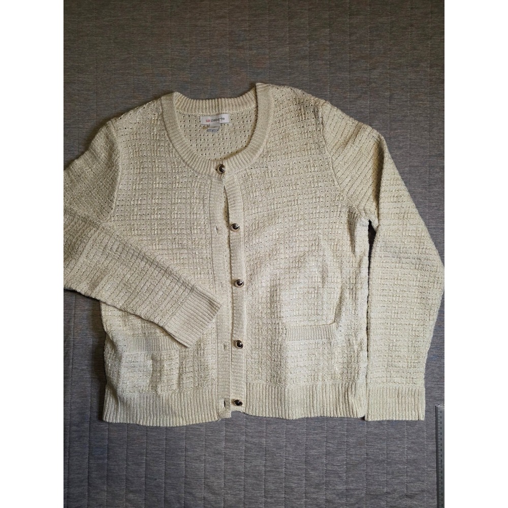 1424 Liz Claiborne Women Cream Gold Metallic Knit Cardigan Sweater Sz M Pockets